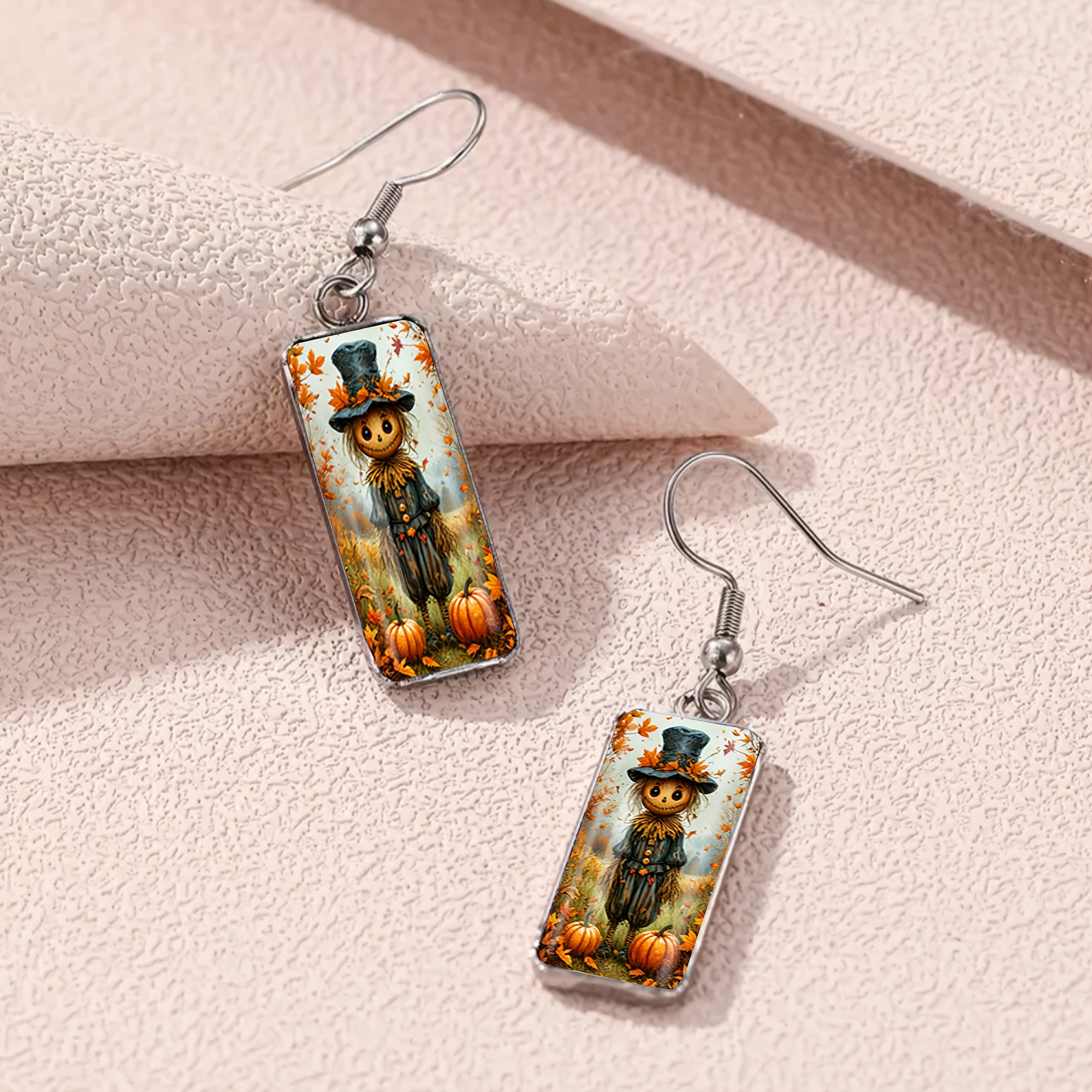 Maple Leaf, Pumpkin & Scarecrow Pattern Long Drop Earrings